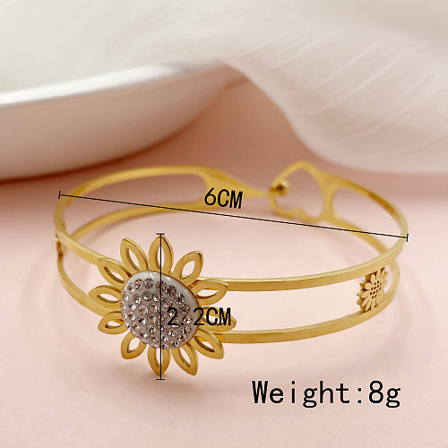 Simple Style Commute Cross Heart Shape Flower Stainless Steel Gold Plated Rhinestones Bangle In Bulk