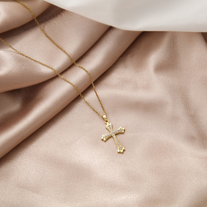 Modische Kreuz-Halskette aus Edelstahl mit eingelegtem Zirkon