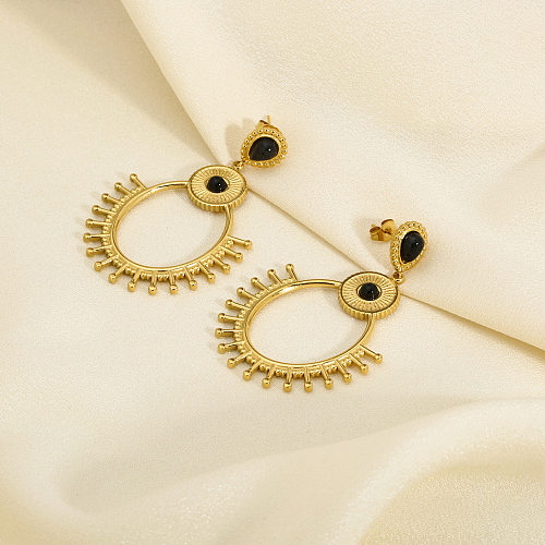 1 Pair Vintage Style Round Plating Inlay Stainless Steel  Natural Stone 18K Gold Plated Drop Earrings