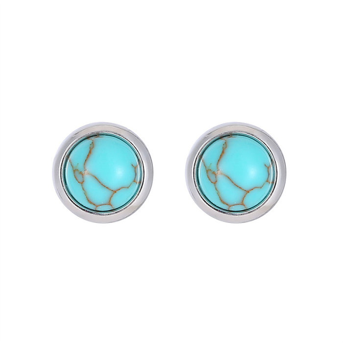 1 paire de clous d'oreilles turquoise en acier inoxydable avec incrustation de texture ronde de style classique