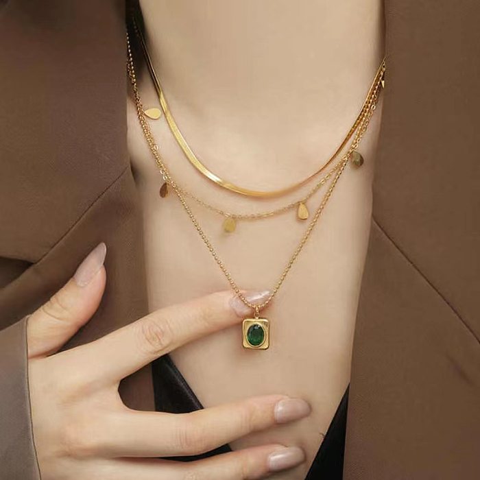 Glam Square Water Droplets Stainless Steel Plating Inlay Rhinestones 18K Gold Plated Layered Necklaces