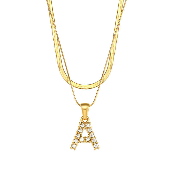Fashion 18K Gold Plated Double-Layer Chain Zircon Letter Stainless Steel  Necklace