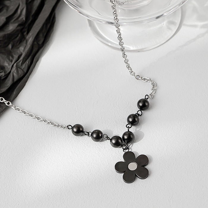 Casual Cool Style Flower Stainless Steel Beaded Plating Pendant Necklace
