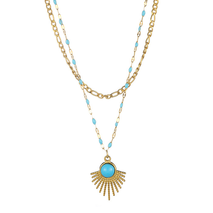 IG Style Sun einfarbige, emaillierte Inlay-Intarsien aus Edelstahl mit türkisfarbener 18-Karat-Vergoldung, mehrschichtige Halsketten