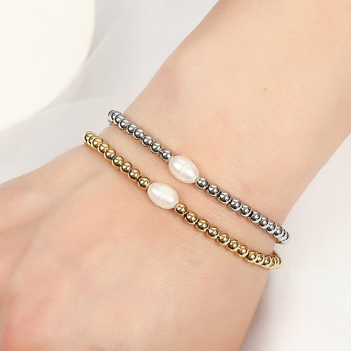 Bracelets plaqués or ronds élégants en acier inoxydable avec perles d'eau douce en vrac
