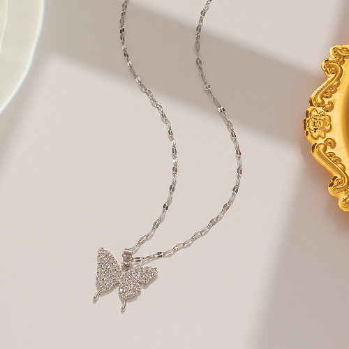 Collier pendentif en pierres précieuses artificielles en acier inoxydable, Style Simple et doux, papillon, en vrac