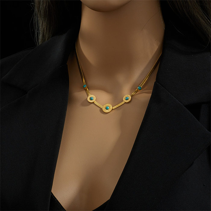 Retro Round Stainless Steel Enamel Plating Inlay Turquoise 18K Gold Plated Necklace