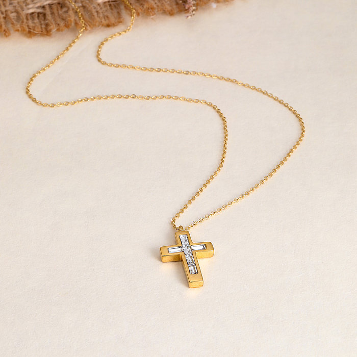 IG Style Casual Cross Stainless Steel  Plating Inlay Rhinestones Glass 18K Gold Plated Pendant Necklace