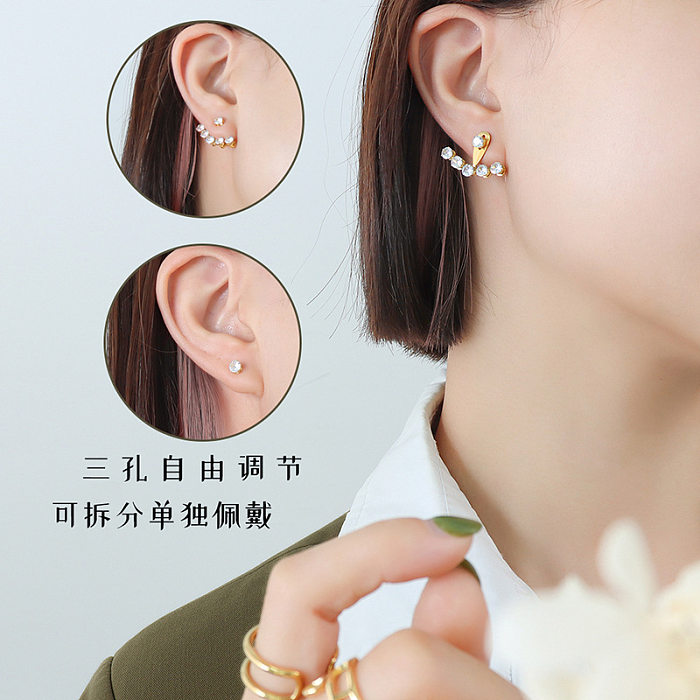 French Ins Style Jewelry Three-hole Zircon Earrings Adjustable Stainless Steel 18k Gold Earrings