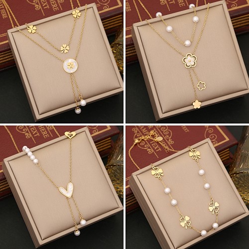 Commute Heart Shape Flower Stainless Steel  Plating Pendant Necklace