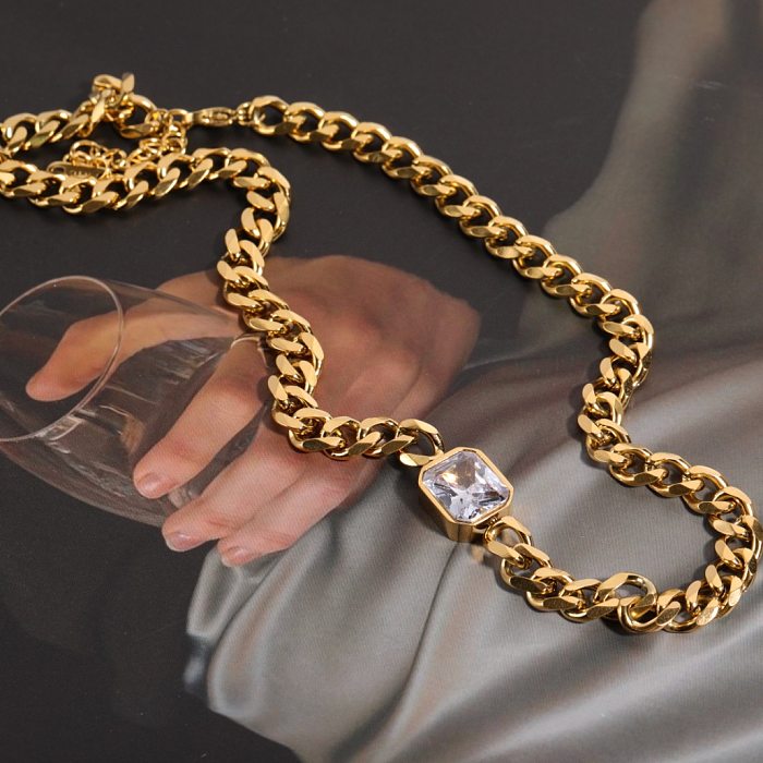 Simple Golden Thick Chain Stainless Steel  Inlaid  Zircon Necklace