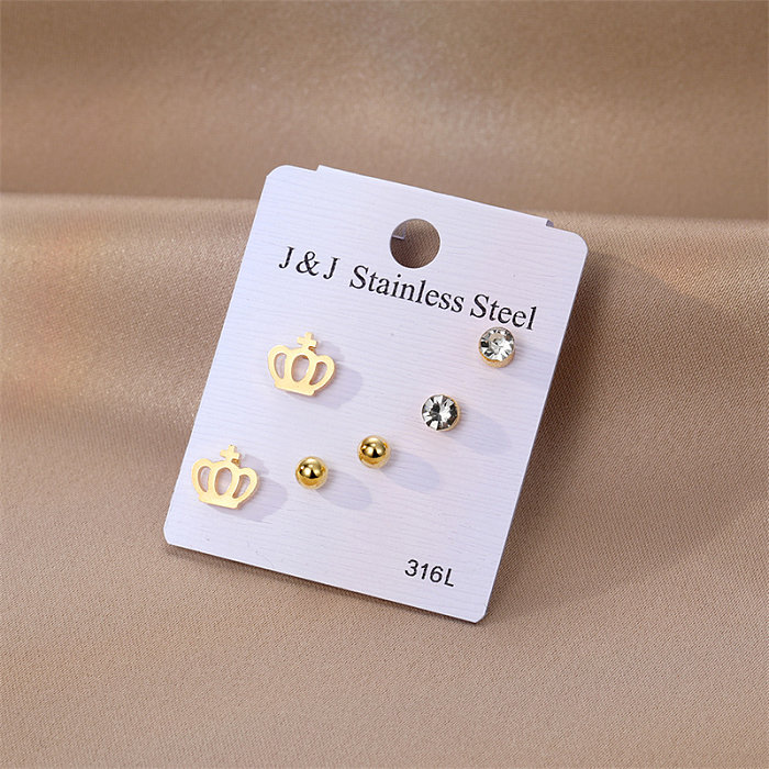 1 Set Simple Style Crown Stainless Steel  Inlay Zircon Ear Studs