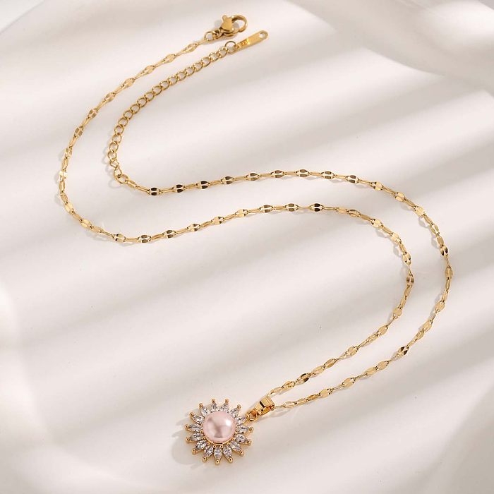 Glam Luxurious Simple Style Flower Stainless Steel Plating Inlay Zircon Gold Plated Pendant Necklace