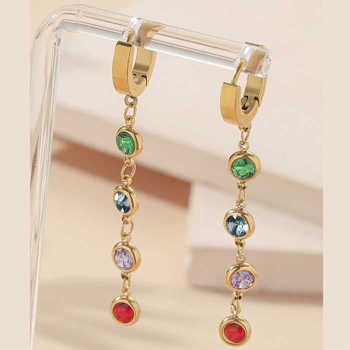 1 Pair Elegant Color Block Stainless Steel Plating Inlay Rhinestones 18K Gold Plated Drop Earrings