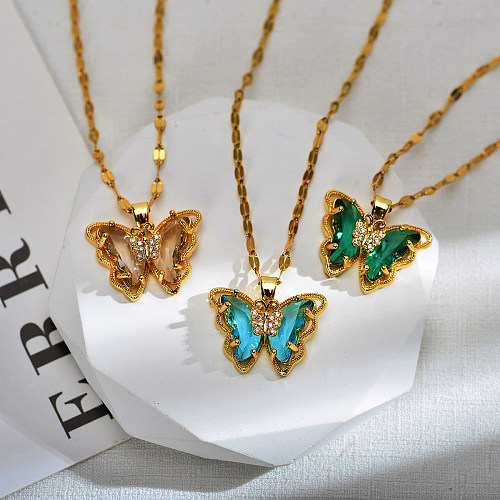 Süße Schmetterlings-Halskette mit Anhänger aus Edelstahl, Kupfer-Inlay und Zirkon