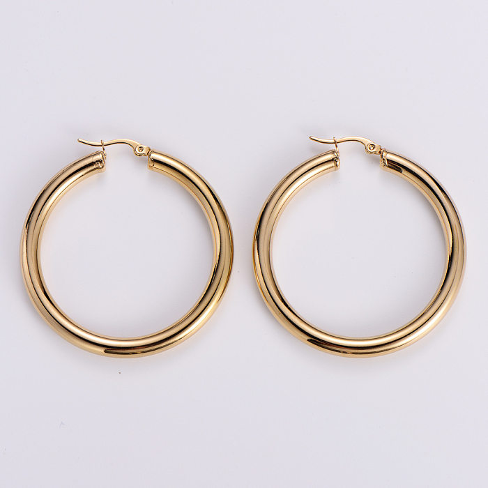 Simple Stainless Steel  Polished Plating 18k Gold Thick Round Line Hollow Big Hoop Earrings