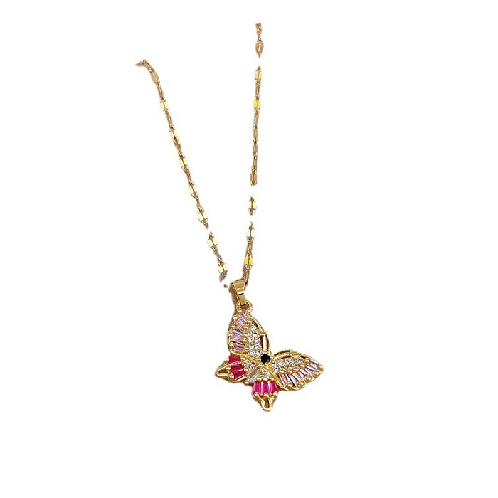 Ethnic Style Butterfly Stainless Steel Copper Inlay Zircon Pendant Necklace