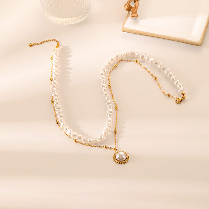 Elegant Round Stainless Steel Plating Artificial Pearls Layered Necklaces