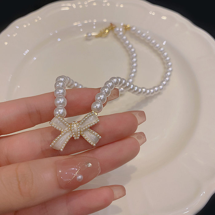 Collier de perles artificielles avec nœud papillon de Style nordique et coréen, incrustation en acier inoxydable