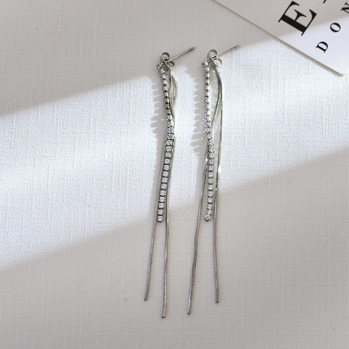 1 paire de boucles d'oreilles pendantes en acier inoxydable et Zircon plaqué or 18 carats, Style Simple, incrustation de couleur unie