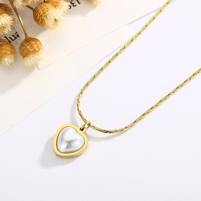 Collier avec pendentif en perles, Style Simple et doux, couleur unie, placage en acier inoxydable, incrustation de perles