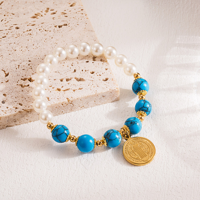 IG-Stil-Kreuz-Runde-Edelstahl-Imitat-Perlen-Synthetik-Perlen-Beschichtung vergoldete Armbänder