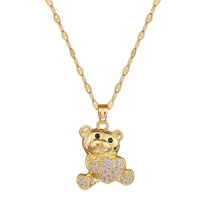 Simple Style Bear Stainless Steel  Copper Inlay Rhinestones Pendant Necklace