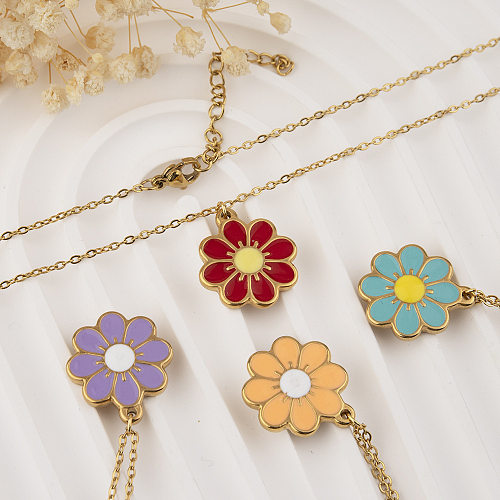 Elegant Lady Pastoral Flower Stainless Steel  Stainless Steel Enamel Pendant Necklace