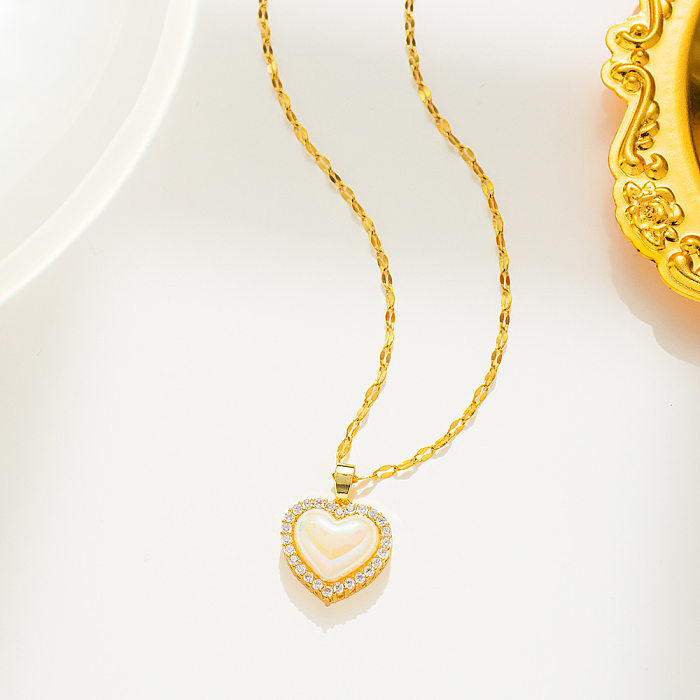 Simple Style Heart Shape Stainless Steel Inlay Artificial Pearls Zircon Pendant Necklace