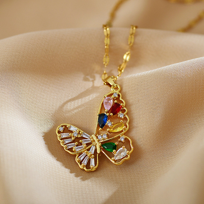 Klassische Schmetterlings-Halskette mit Anhänger aus Edelstahl mit Kupferbeschichtung und Inlay-Zirkon-Anhänger