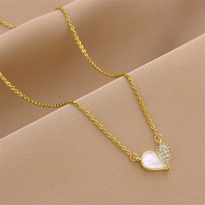 Fashion Heart Shape Stainless Steel Inlay Rhinestones Shell Necklace 1 Piece