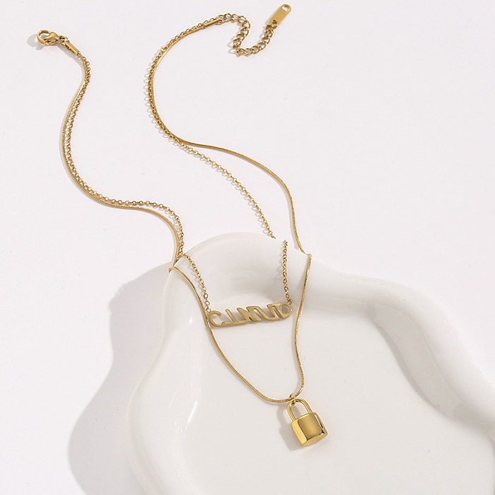 Elegante Damen-Halskette mit Buchstabenschloss, polierter Edelstahl, 18 Karat vergoldet, mehrlagige Halsketten
