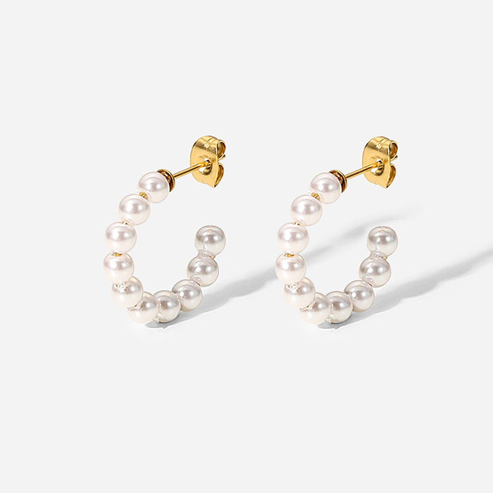 Fashion Simple Pearl C-shaped Stainless Steel Hoop Earrings