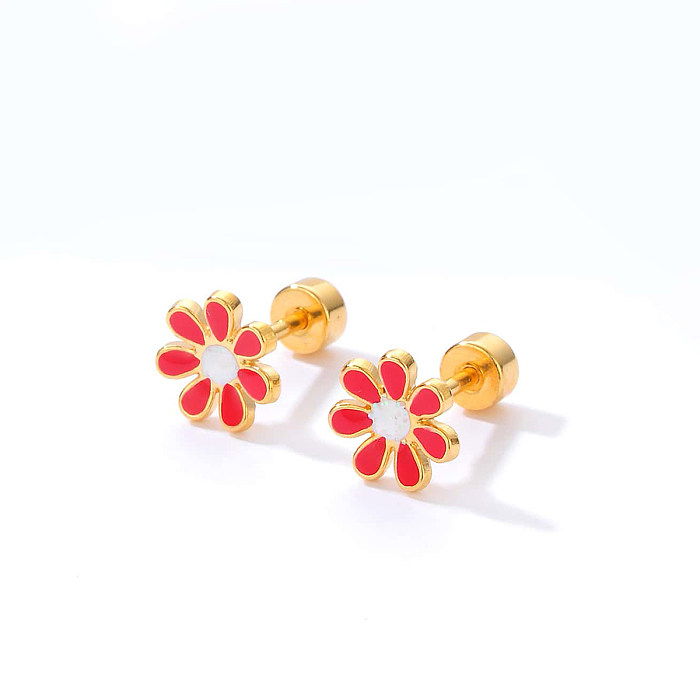 Parafusos de orelha de aço inoxidável com flor de estilo simples chapeando brincos de aço inoxidável