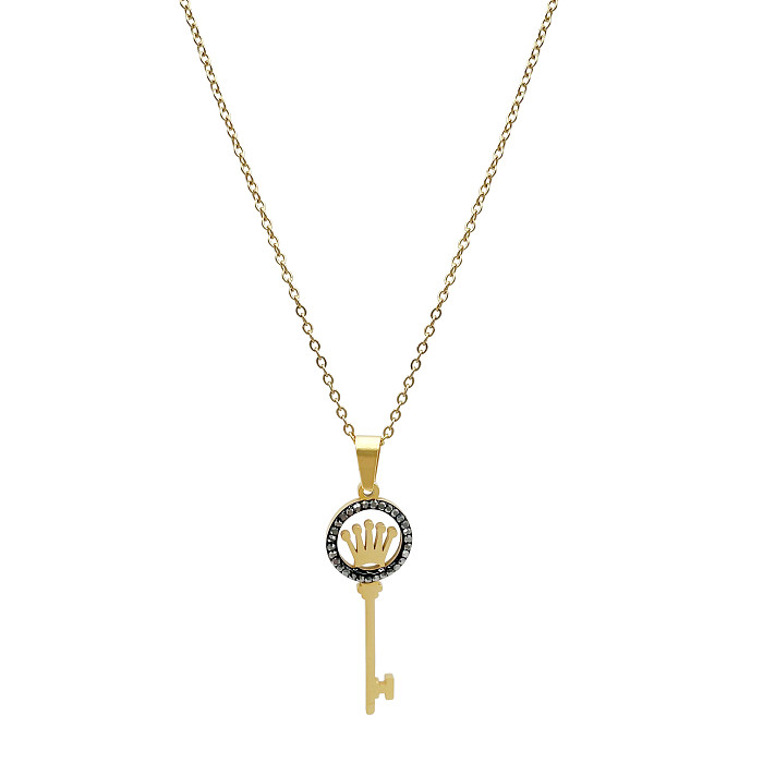 Einfache Halskette mit Kronenschlüssel-Anhänger, Edelstahl-Beschichtung, Diamant-Intarsien und vergoldetem Anhänger