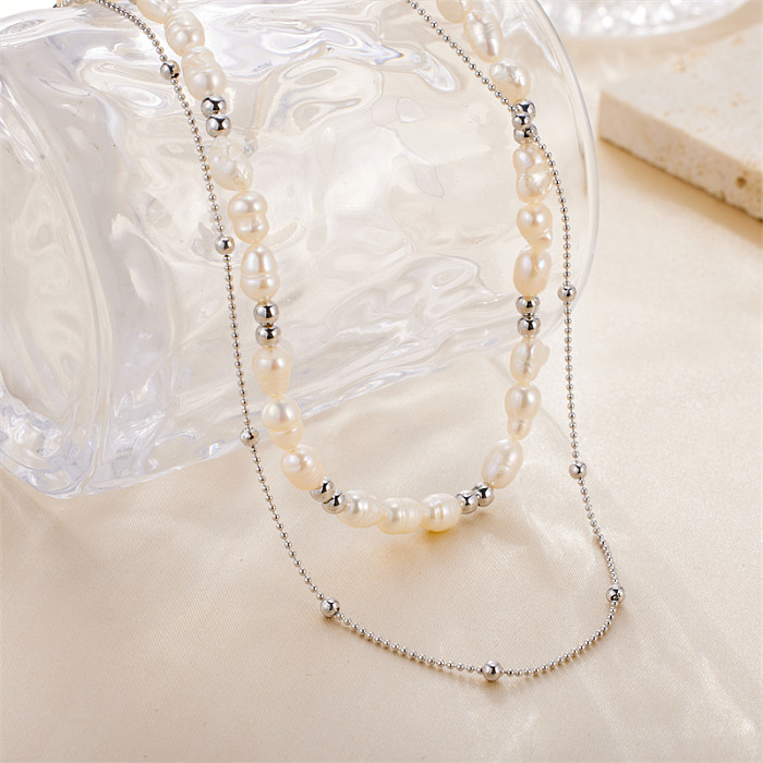 Fairy Style Sweet Solid Color Stainless Steel  Handmade Plating Pearl Double Layer Necklaces