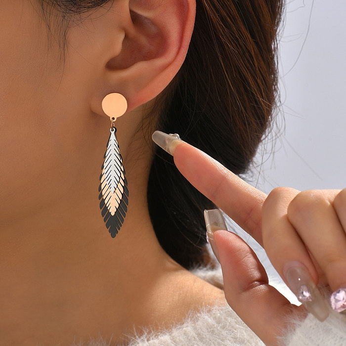 Boucles d'oreilles pendantes plaquées en acier inoxydable, feuilles à la mode, 1 paire