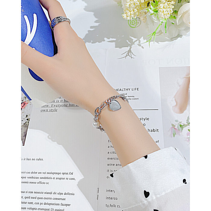 Fashion Heart Shape Stainless Steel Artificial Pearl Bracelets Chain No Inlaid Stainless Steel Bracelets