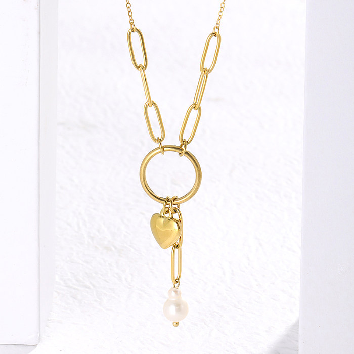 Collier avec pendentif plaqué or 14 carats, style simple et décontracté, en forme de cœur, couleur unie, en acier inoxydable, placage de perles
