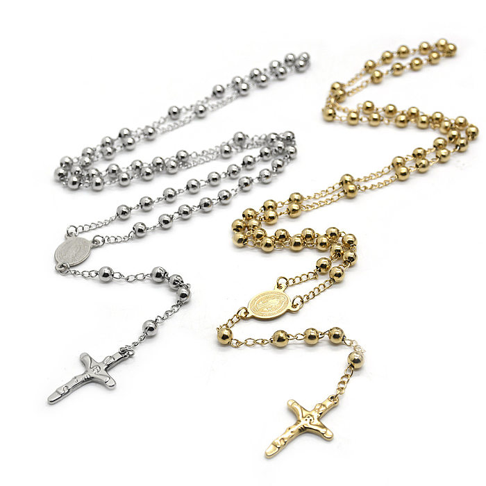 Ethnic Style Cross Stainless Steel  Beaded Pendant Necklace