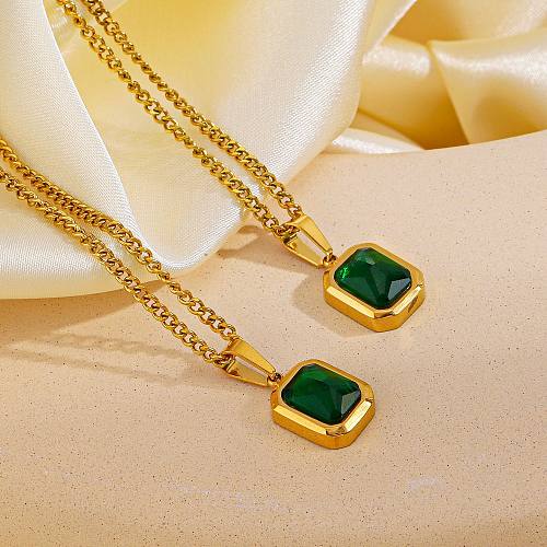Classic Style Square Stainless Steel  Stainless Steel Plating Inlay Artificial Gemstones 18K Gold Plated Pendant Necklace