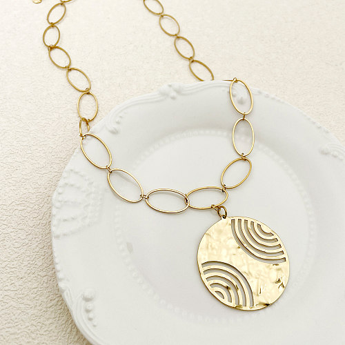 Classical Roman Style Lines Stainless Steel  Plating Hollow Out Gold Plated Pendant Necklace