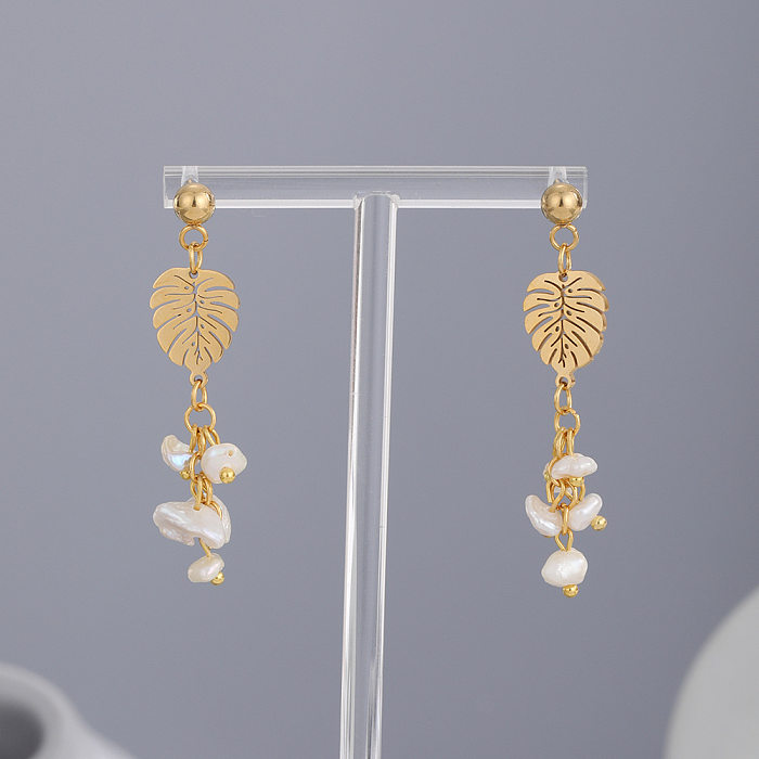 Pendientes colgantes de perlas artificiales con incrustaciones de acero inoxidable con forma de hoja elegante, 1 par