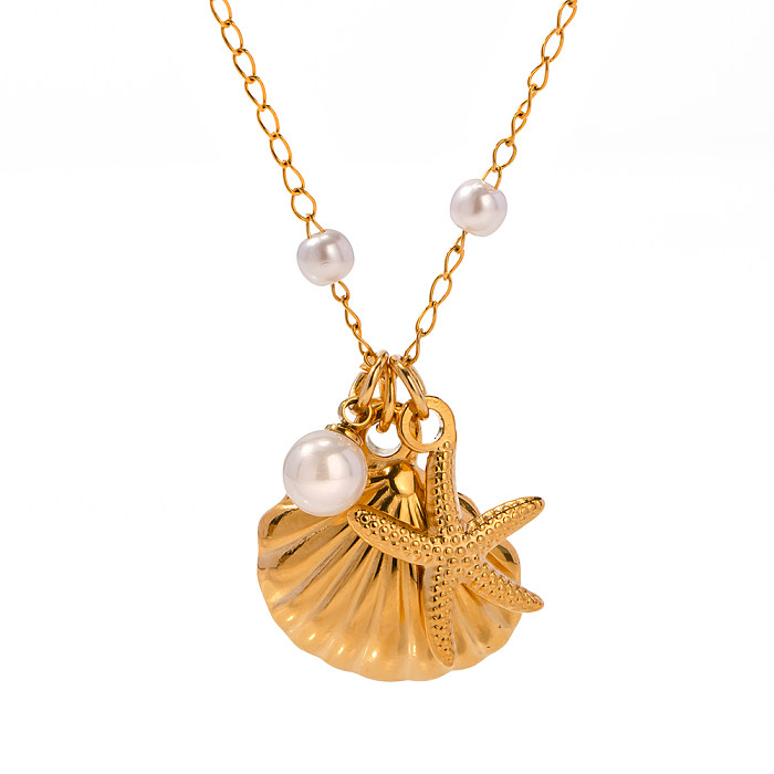 IG Style Casual Starfish Shell Stainless Steel  Pearl Plating 18K Gold Plated Pendant Necklace