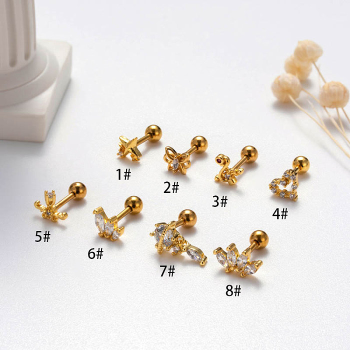 1 Piece Sweet Simple Style Heart Shape Butterfly Plating Inlay Stainless Steel  Zircon 18K Gold Plated Cartilage Earrings