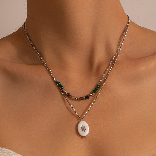 Colliers Double couche en Zircon avec incrustation de perles en acier inoxydable, Style Simple, étoile ovale, Style IG