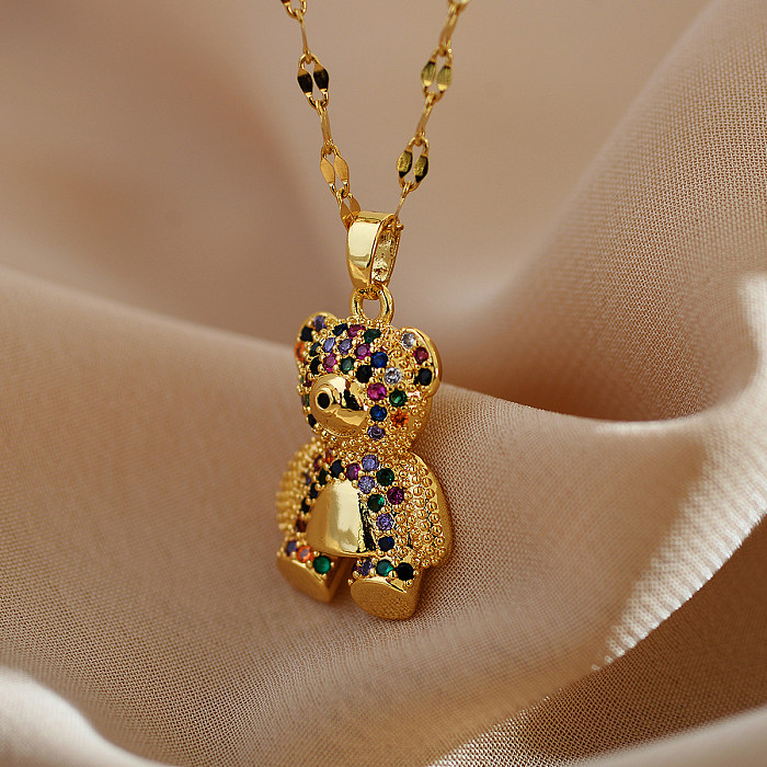 Niedliche, schlichte Bären-Anhänger-Halskette aus Edelstahl mit Kupferbeschichtung und Inlay-Zirkon-Vergoldung