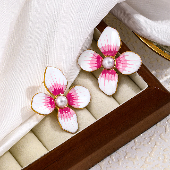 1 Pair IG Style Flower Butterfly Enamel Stainless Steel  Artificial Pearls Natural Stone Ear Studs