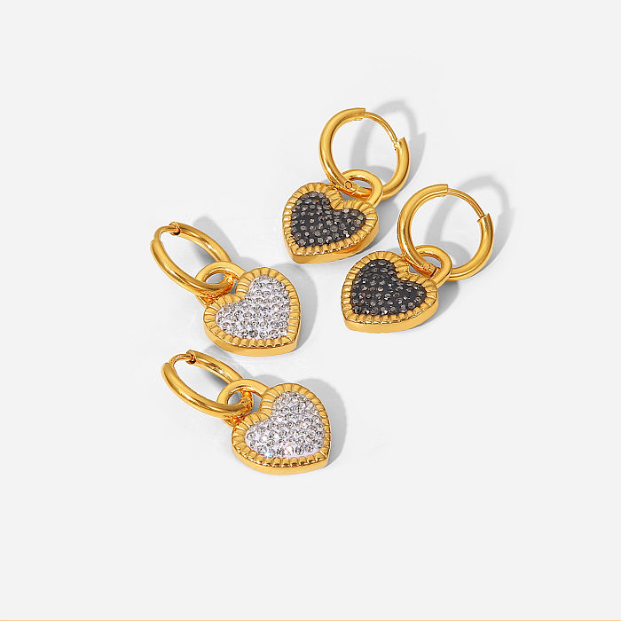 New Style 18K Gold Plated Heart-Shaped Lock Inlaid Black White Zircon Pendant Stainless Steel  Earrings