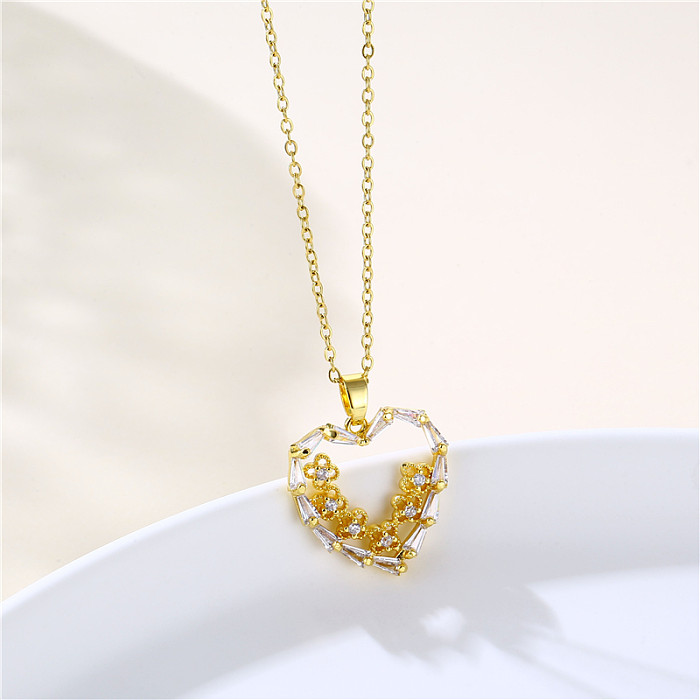 Wholesale Shiny Heart Shape Eye Flower Stainless Steel  Stainless Steel 18K Gold Plated Gold Plated Zircon Pendant Necklace